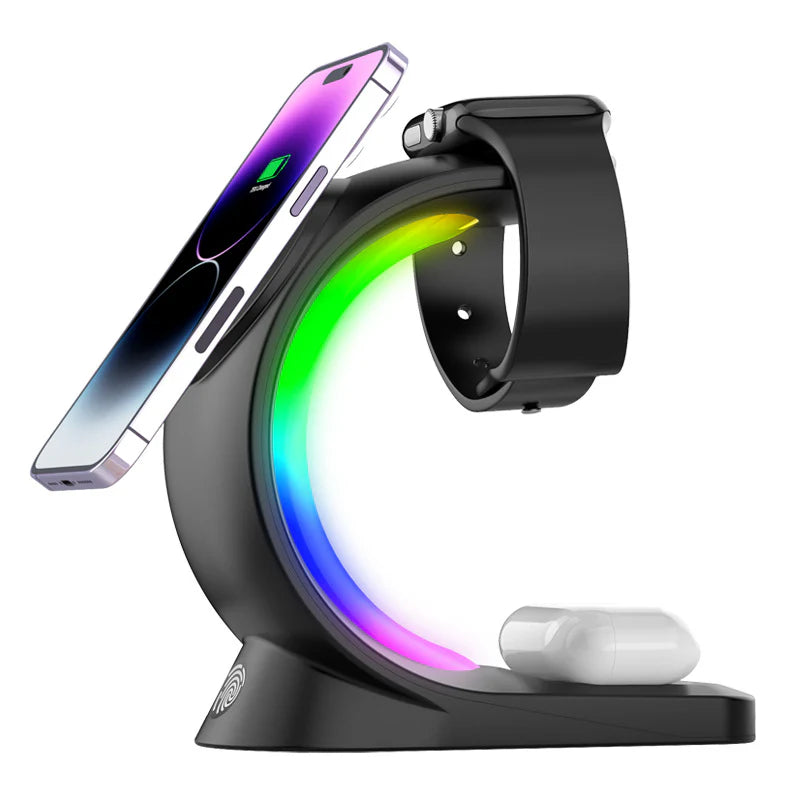 4-in-1 Magnetic Wireless Fast Charger with Ambient Light for Smartphones, AirPods Pro, and Apple Watch