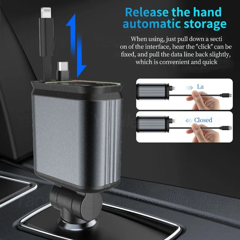 Retractable 4-in-1 Fast Charging Car Charger 120W with Ambient Light and Dual USB Ports