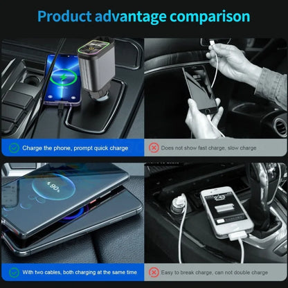 Retractable 4-in-1 Fast Charging Car Charger 120W with Ambient Light and Dual USB Ports