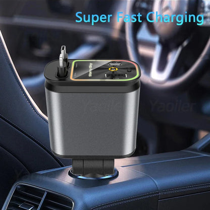 Retractable 4-in-1 Fast Charging Car Charger 120W with Ambient Light and Dual USB Ports