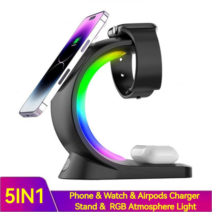 4-in-1 Magnetic Wireless Fast Charger with Ambient Light for Smartphones, AirPods Pro, and Apple Watch